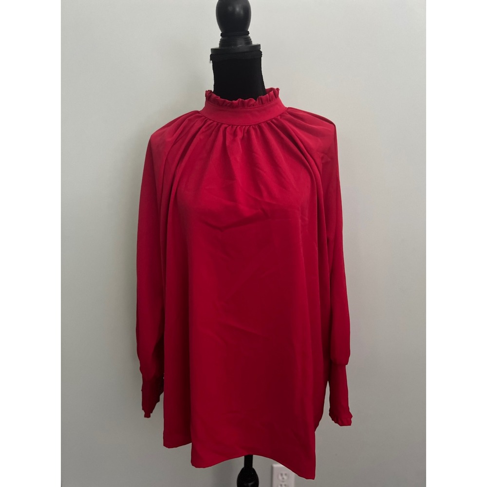 Red Ruffle Mock Neck Blouse Long Sleeve Button Cuff Top Matching Scarf Large